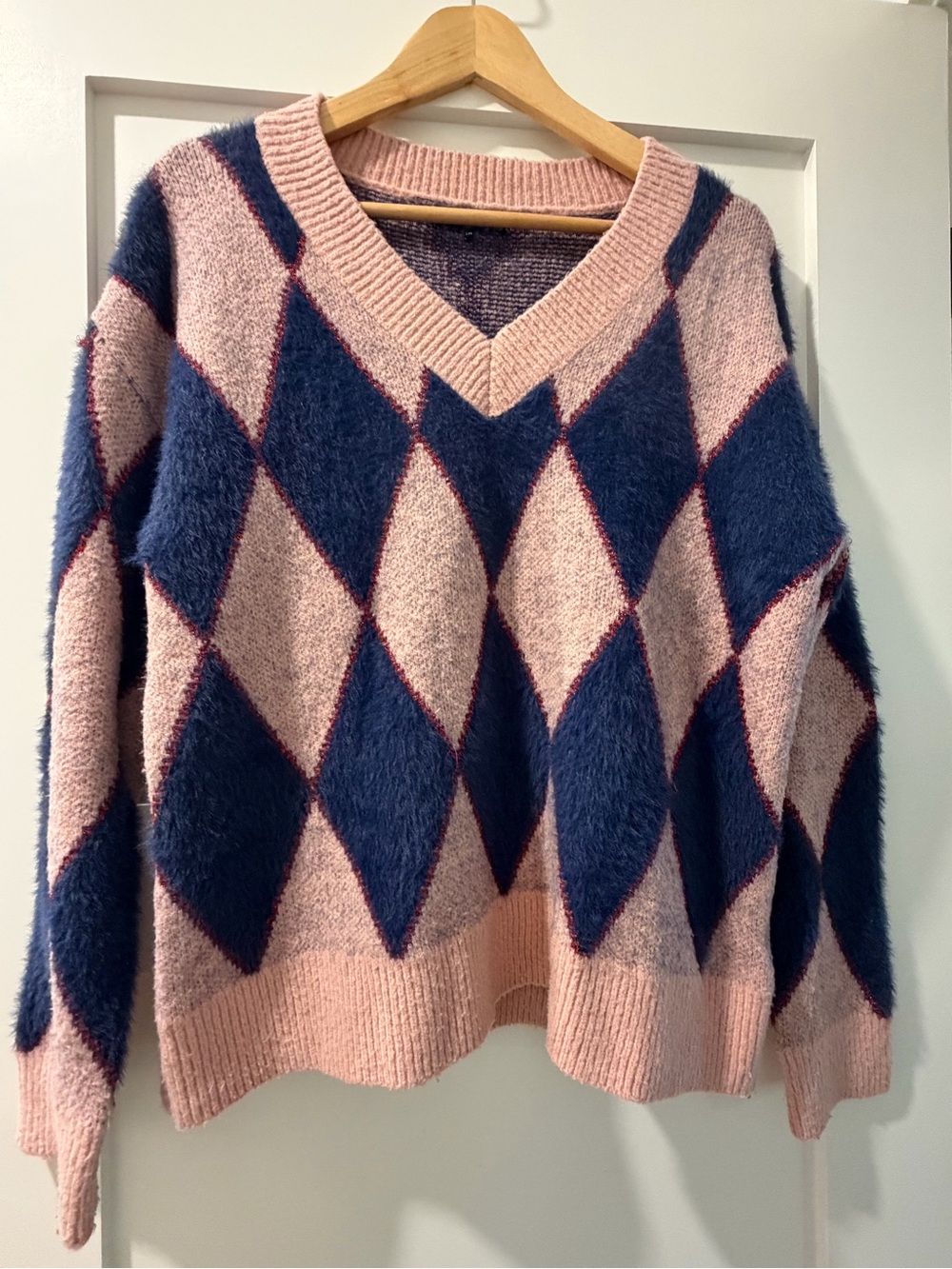 FRNCH oversized Argyle sweater in blue, pink and sparkly raspberry detail.